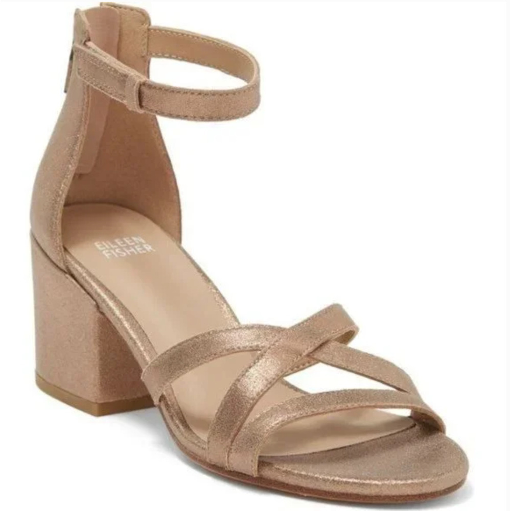 Eileen Fisher Jazzy Heel Sandals 13 NEW Gold Platinum Leather Block Strap